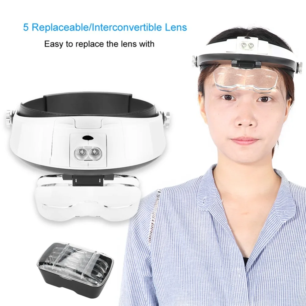 

Adjustable Wearing Headband Magnifier Portable Detachable Loupe LED with 5 Lens for Watch Repair Reading Tattoo Make up