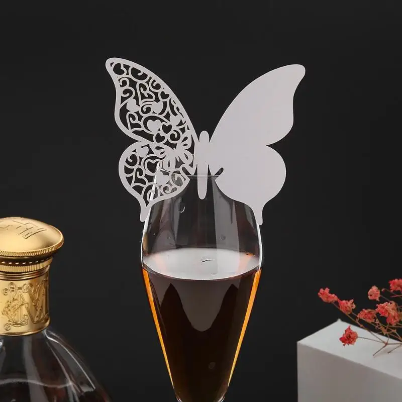 

2019 50pcs Creative Wedding Party Wine Glass Hollow Out Butterfly Card Ornament Drinking Decoration Laser Cut Party Card