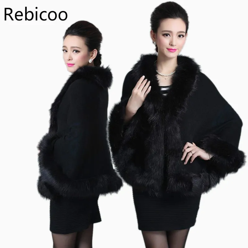 

Women Faux Fur Coat Winter Black Sweater Cardigan Female Fox Fur Collar Poncho Cape Bridal Wedding Wool Shawl Cape 12 Colours
