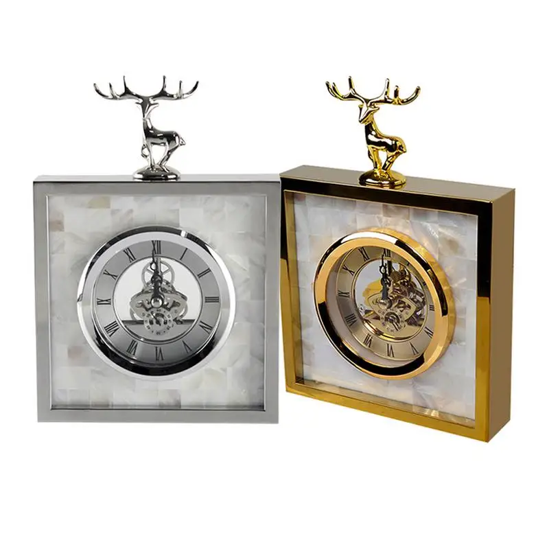 

Living Room Bedroom Table Mute Clock Soft Decoration Metal Pointer Watch Metal Shell Desktop Elk Shape Ornament Holiday Gift