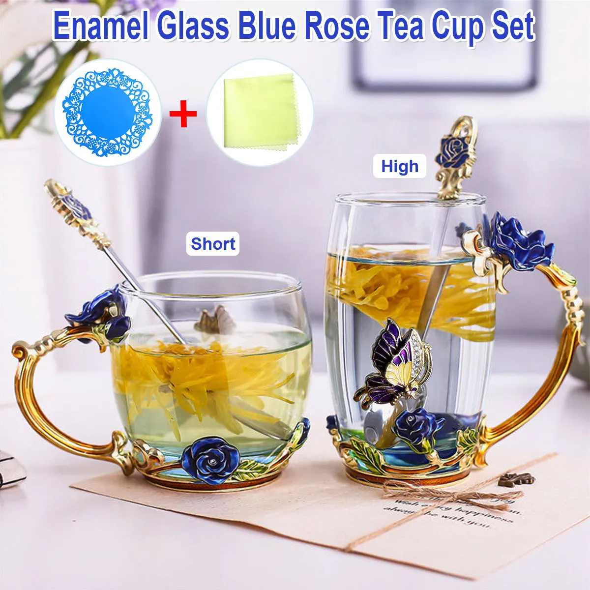 

Enamel Transparent Glass Coffee Tea Mug Blue Roses Heat-Resistant Cup Set with Stainless Steel Spoon Coaster and Wipe Cloth