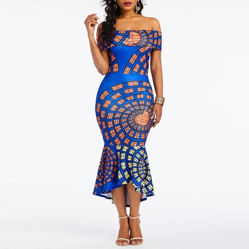 Women Sexy Maxi Dress Elegant Blue Mermaid Bodycon Off Shoulder Ruffles Party Evening Print 2019 Summer Long Dresses | Женская одежда