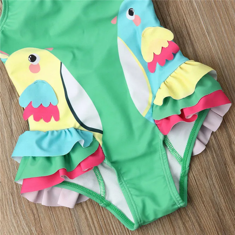 Модный повседневный тонкий милый купальный костюм для новорожденных девочек с оборками и птицами, пляжный купальник, летняя одежда