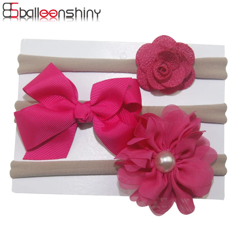 

BalleenShiny 3PCS Headwear Set Baby Girls Fashion Flower Bow Elastic Headband Infant Kids Cute Pearl Hairband Hair Accessories