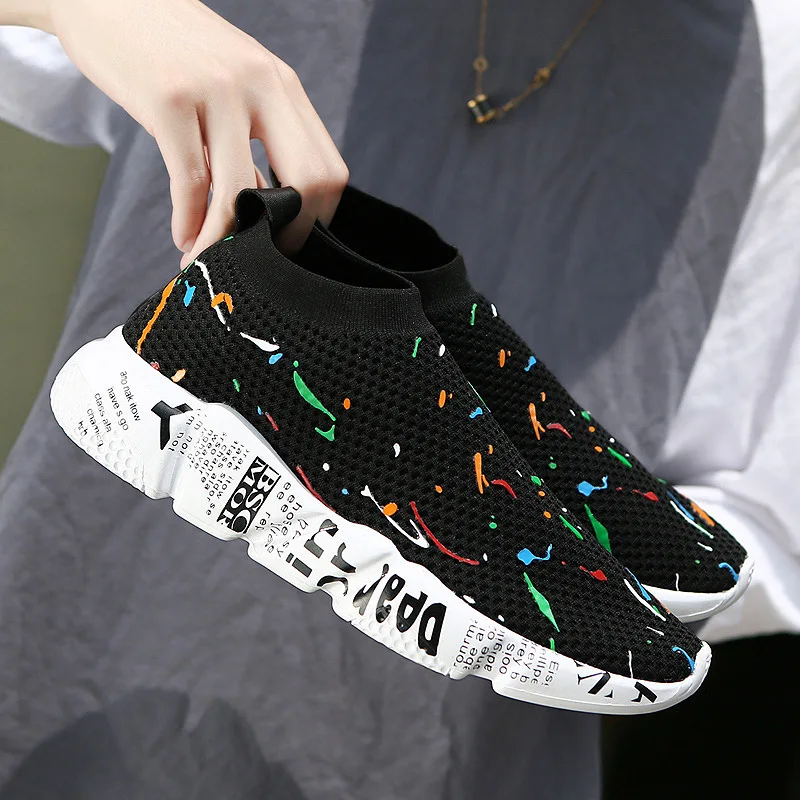 

MYMQ 2019 Spring Korean-Style Knitted Socks Shoes Street Trend Versatile Men's Canvas Sneakers Punched Sheet Cloth Shoes Man