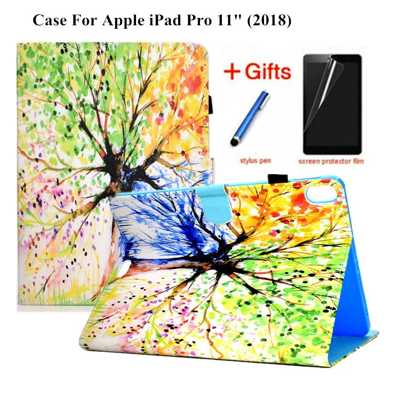 

Case For iPad Pro 11" 2018 Smart Cover Funda For New iPad Pro 11 inch 2018 Fashion painted PU Leather Skin Stand Shell +Film+Pen