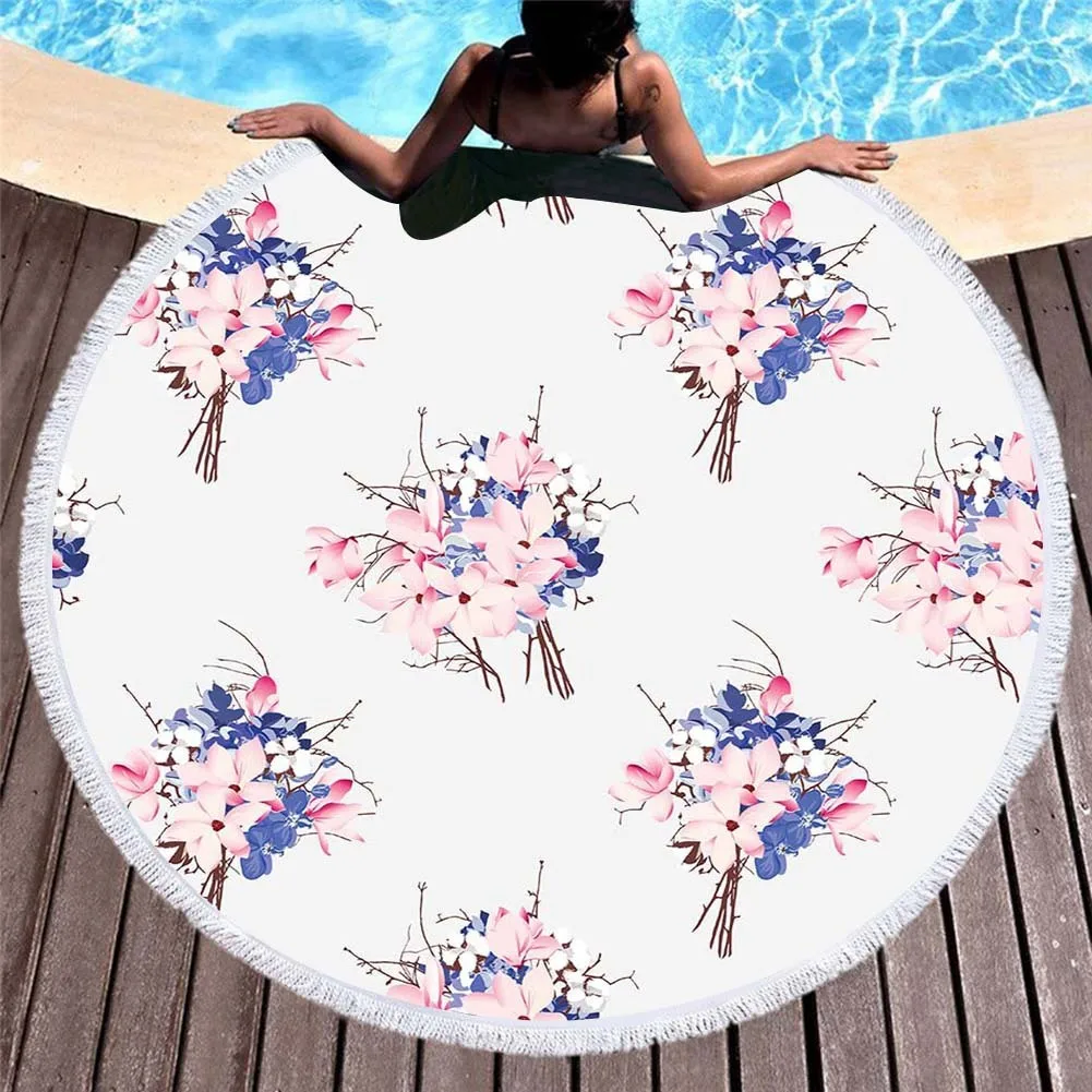 

Floral Round Beach Towel With Tassels Flower Mandala Printed Home Decor Yoga Mat Microfiber Towel Terry Large Bath Toalla 150cm