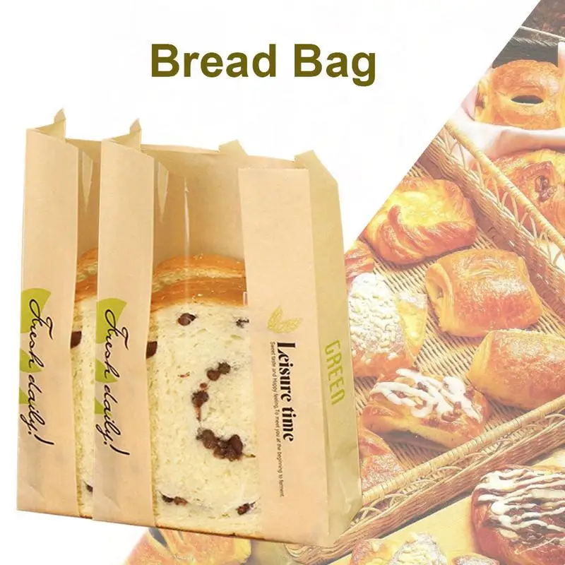 

50 Bread Bags Kraft Paper Food Packaging Storage Bakery Toast Bag with Front Window Baking Packaging Shredded Paper Loaf Bag