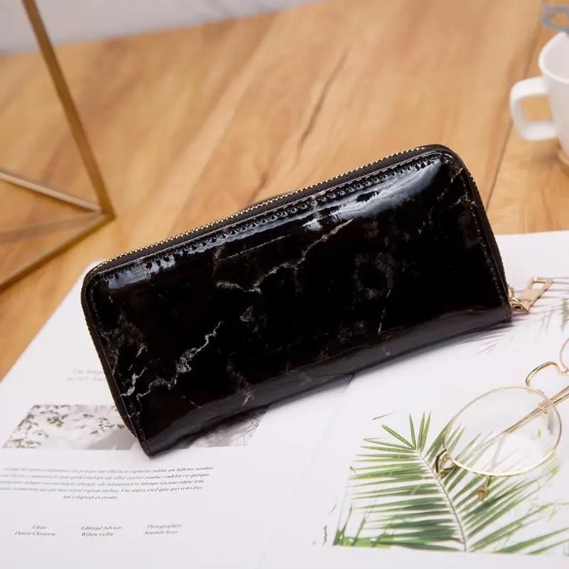 Creative Casual Women Lady Marble Patent Leather Long Clutch Girls Zipper Card Coin Holder Wallets Purses leather bag black