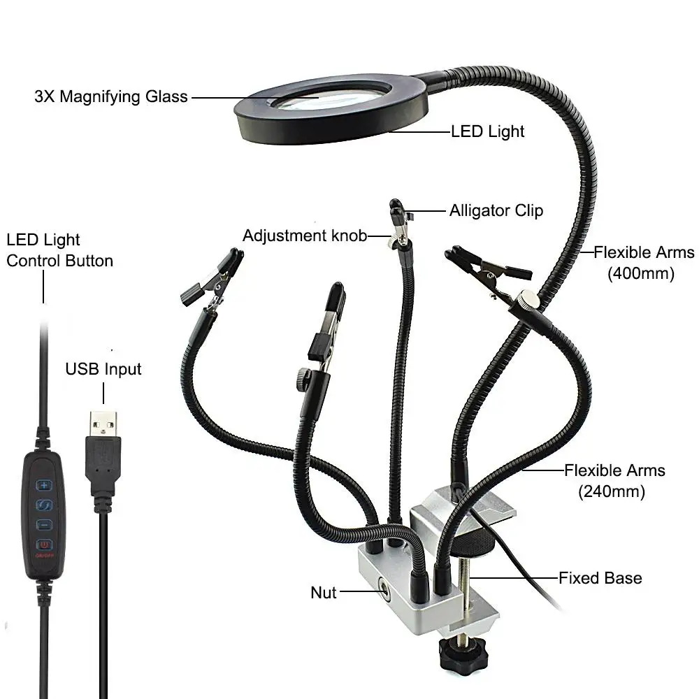 

5Pcs Flexible Arms USB LED 3X Magnifier PCB Fixture Bench Vise Table Clamp Soldering Helping Hand Soldering Station Third Hand