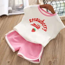 Children's clothing summer strawberry print vest shorts casual two-piece sleeveless T-shirt + shorts baby clothes