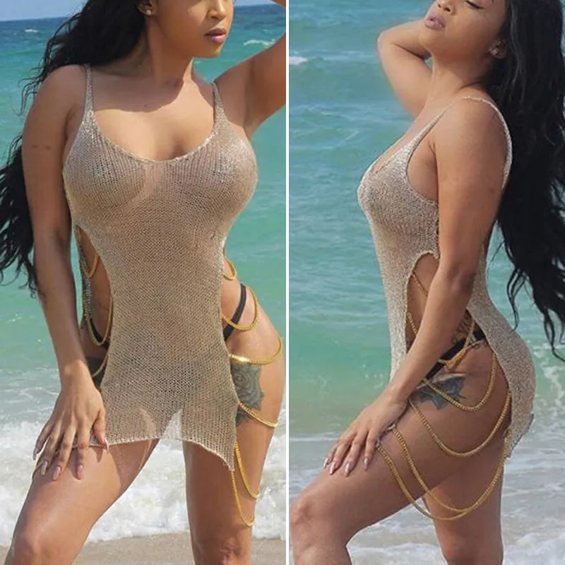 

Brand Summer Beachwear Cover-Ups Ladies chain Crochet Gold Chain Bikini Cover Up Swimwear Set Bathing Summer Beach Dress