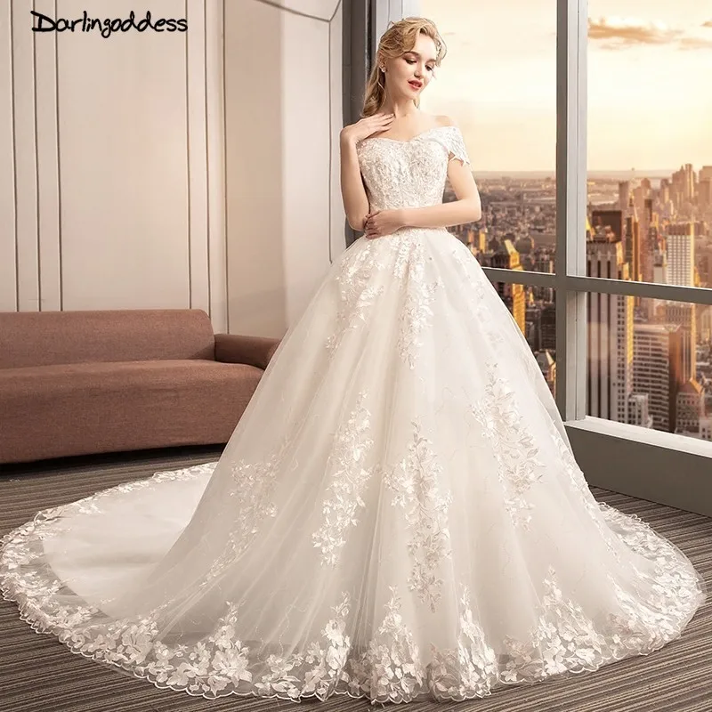 Robe De mariée 2018 принцесса свадебные платья Наплечная аппликация для женской футболки кружево Милая Пышное Бальное Платье Vestido de Noiva