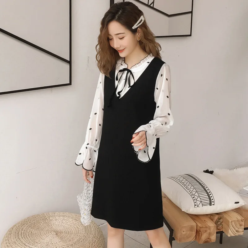 New Maternity Dresses Black Wave Point Chiffon Stitching Pregnancy Dress Fake Two Pieces Maternity Dress Elegant Vestiti Donna