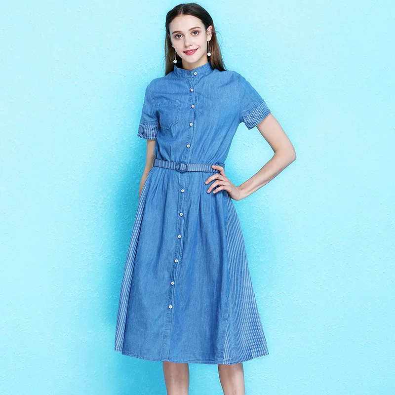 

2019 summer new personality striped blue denim dress temperament elastic waistband denim dress summer women NW19B6108