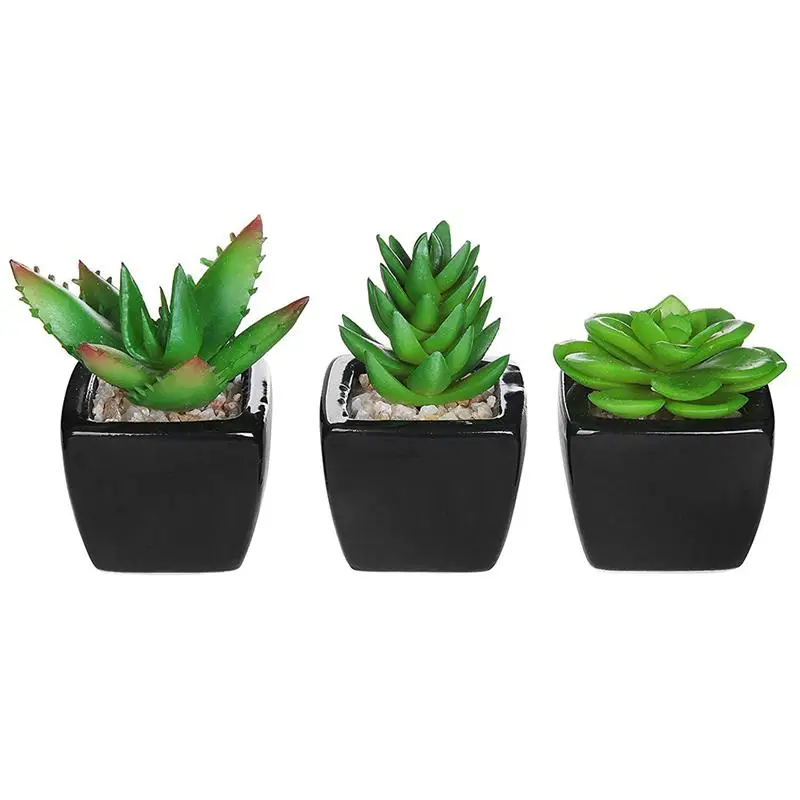 

WINOMO 3pcs Square Black Ceramic Artificial Succulent Planter Mini Faux Potted Plants