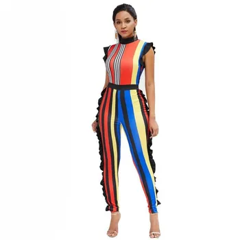 

#1504 Summer Night Club Sexy Lotus Leaf Edge Striped Print Sleeveless Rompers Womens Jumpsuit High Waist Skinny Jumpsuits Femme