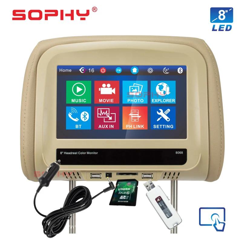 Tanie Nowy! 8 cali Monitor montowany za zagłówkiem samochodu MP4 MP5 odtwarzacz wideo poduszka Monitor z IR FM telefon z ekranem dotykowym ładowanie SH8068 P5