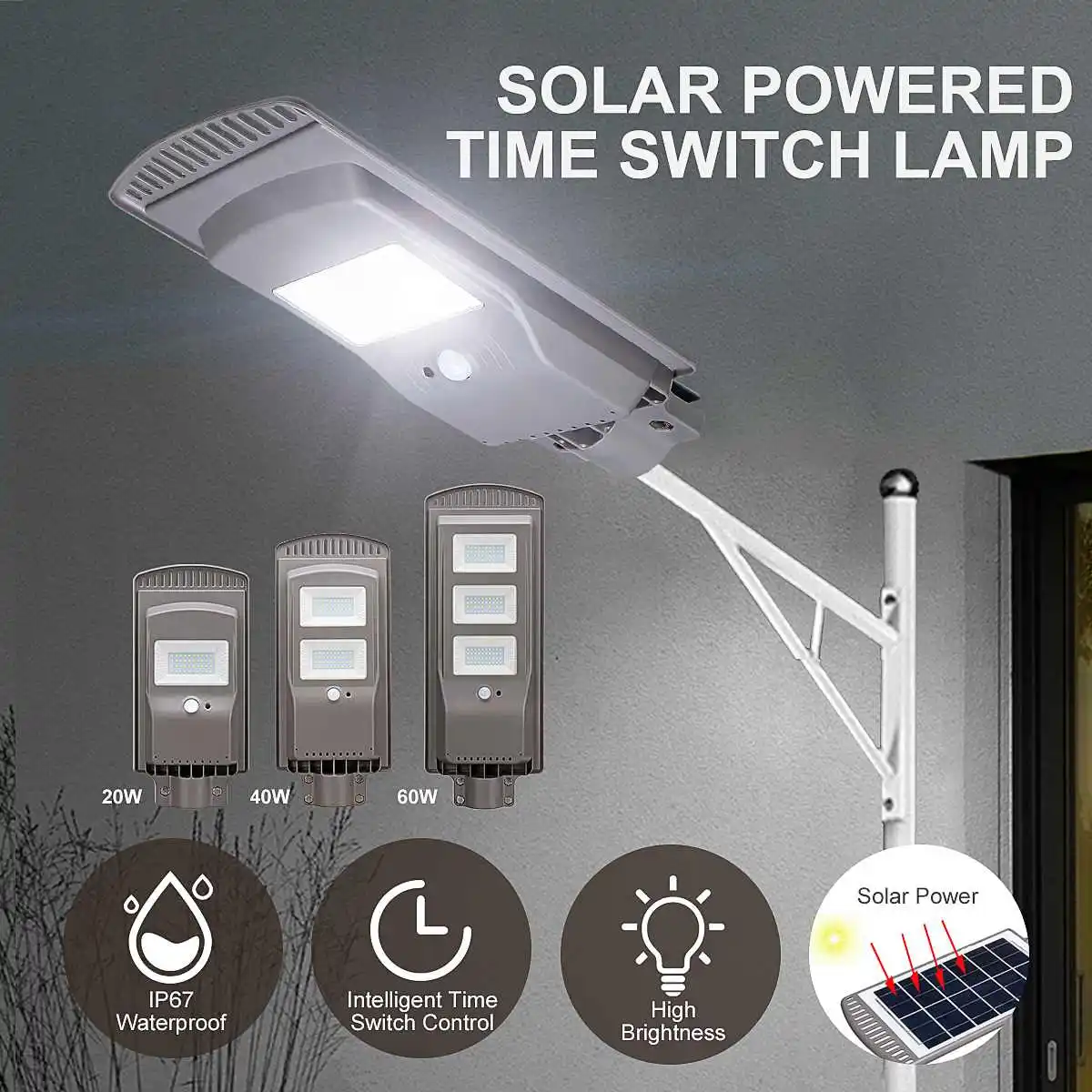 

6V 20/40/60W Solar Powered Panel LED Solar Street Light Time Switch Waterproof IP67 Wall Lighting Lamp for Outdoor Garden