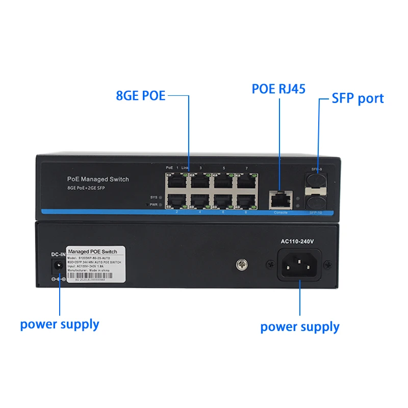 Веб Управление POE 24V & 48V источник питания волоконный коммутатор 1000M 8 порт + 2 порта