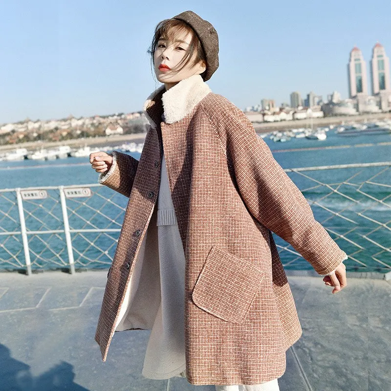 Mode 2018 Nouveau Montant En Agneaux Manteaux Élégant De Col Plaid Kaki Laine Automne Survêtement Manteau Femmes Hiver Cachemire Long uOXPZki