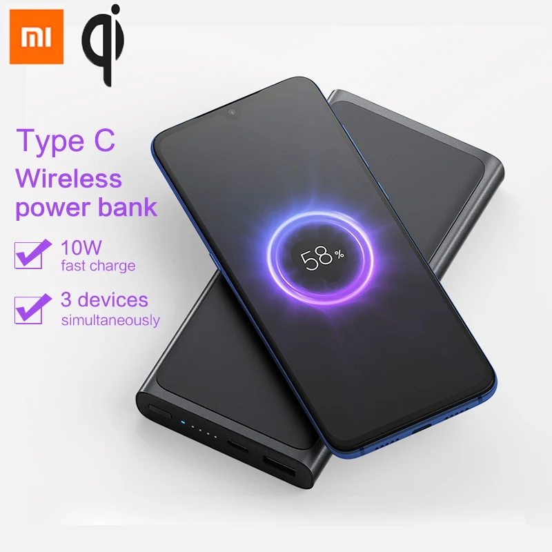 Xiaomi 10000 mAh banco de energía inalámbrico de 10 W Qi rápido cargador inalámbrico 5 V/3A USB tipo C portátil banco de energía para teléfono puede tomar en el avión