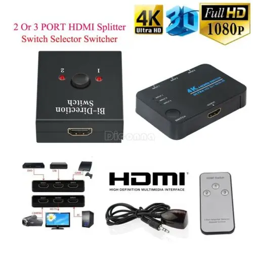 

1080P 4K HDMI Video Switch Switcher HDMI Splitter 3 input 1 output /2 input 1 output Port Hub for DVD HDTV PS3