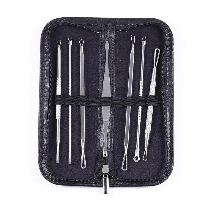 

New Metal Blackhead Pimple Blemish Acne Extractor Remover Curved Face Silver Tweezers Tools Kit