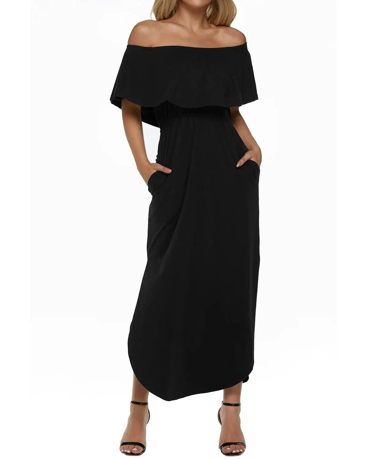 

Plus Size Ruffles Dress Women Summer Casual Solid Short Sleeve Long Maxi Dress With Pockets Sexy Off Shoulder Side Split Dress