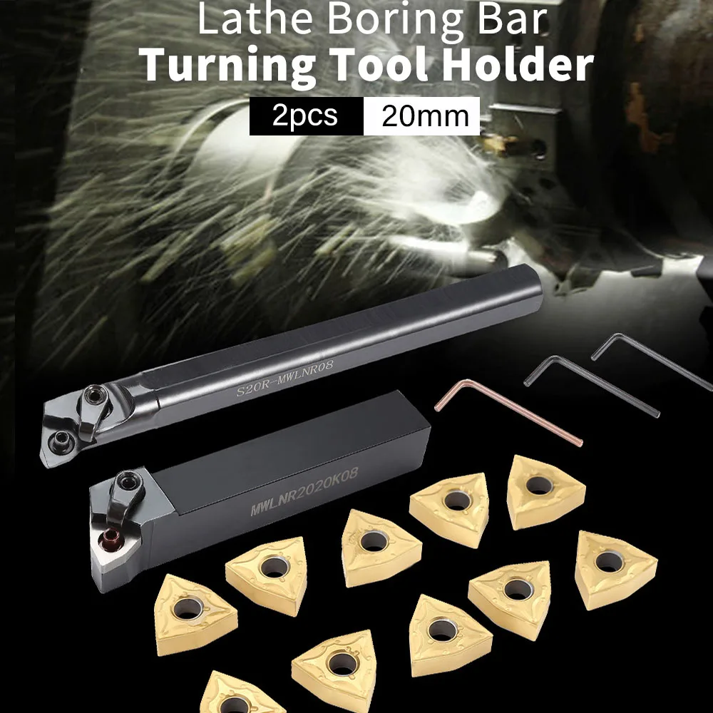 

10pcs WNMG080404 Carbide Inserts With 2pcs 20mm Lathe Boring Bar External Turning Tools Holder S20R - MWLNR08 Wrench