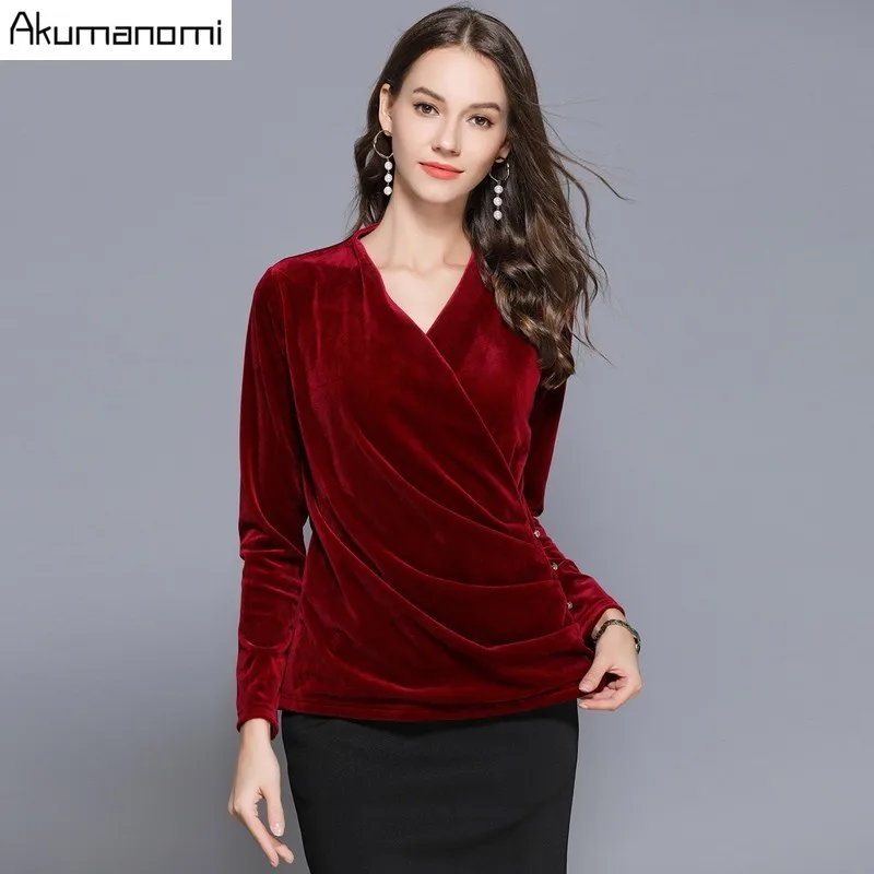 Autumn Spring Velve Velour Shirt Blouse Brown V neck Full Sleeve Tops