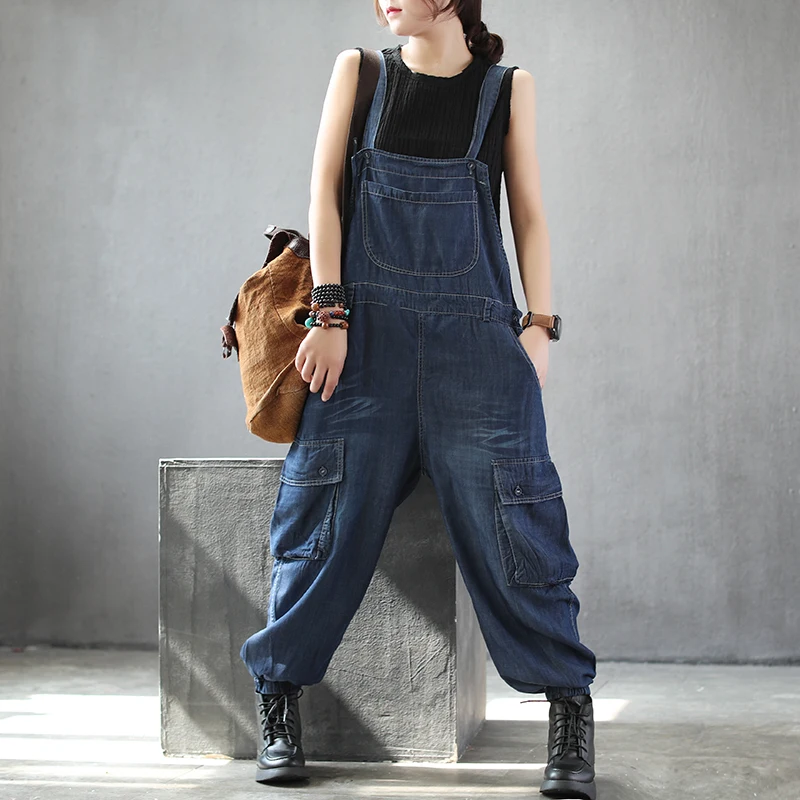 Women Cargo Jumpsuits Baggy Casual Pocket Vintage Denim Overalls Hiphop