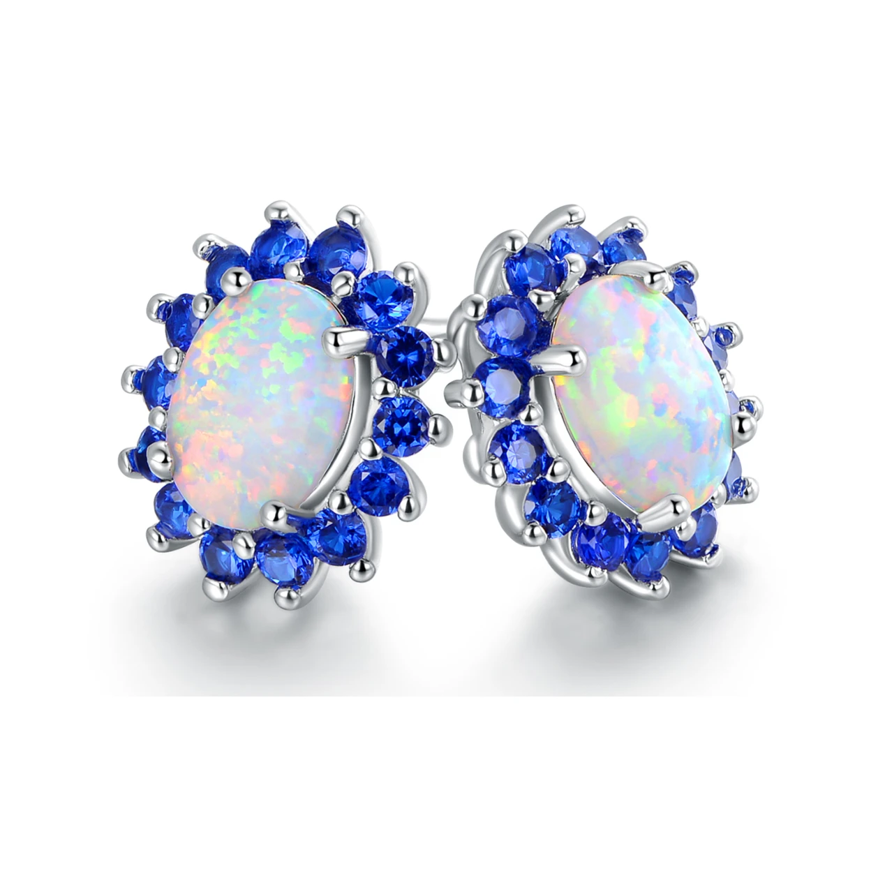 Silver-colored Plated White Fire Irradescent Stone &amp Genuine Blue Spinel Flower Stud Earrings |