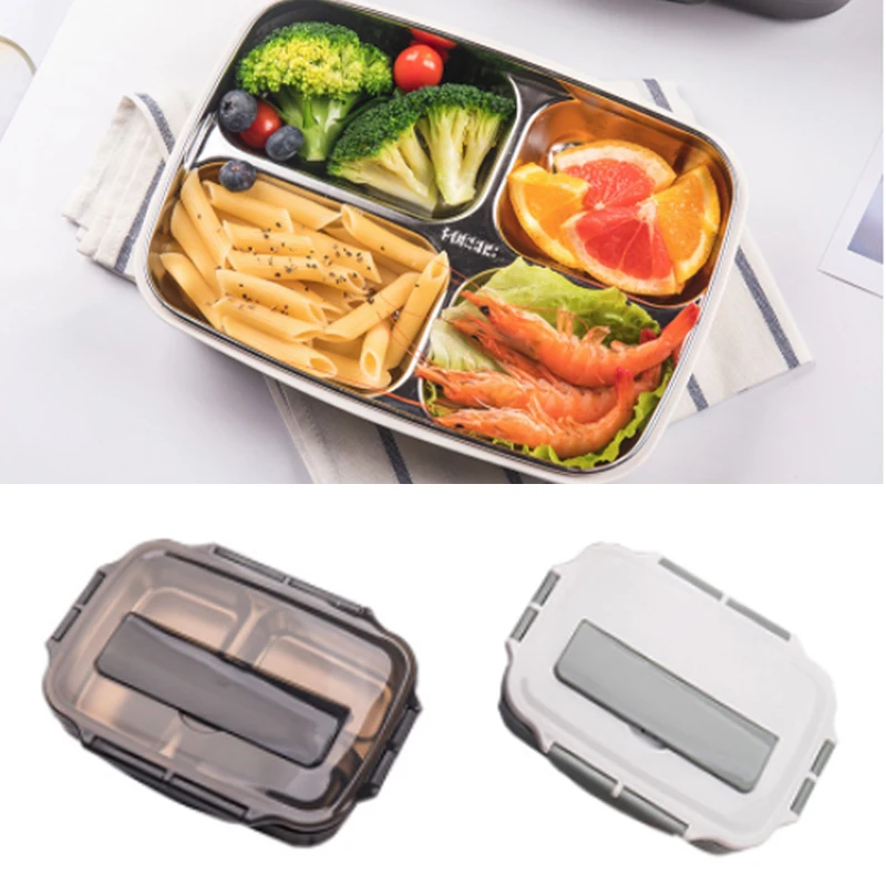 

Leakproof Lunchbox Stainless Steel 304 Lunch Box Office School Kids 4 Grids Bento Box with Spoon Portable Food Container Storage