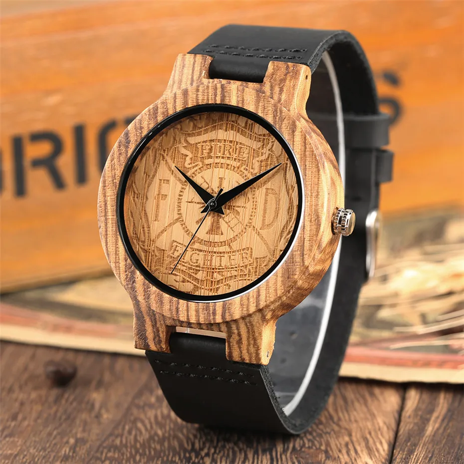

Engraved Fire Fighter Display Wooden Watch for Men Women Clock Wood Black Genuine Leather Wrist Clock Man reloj masculino Gifts