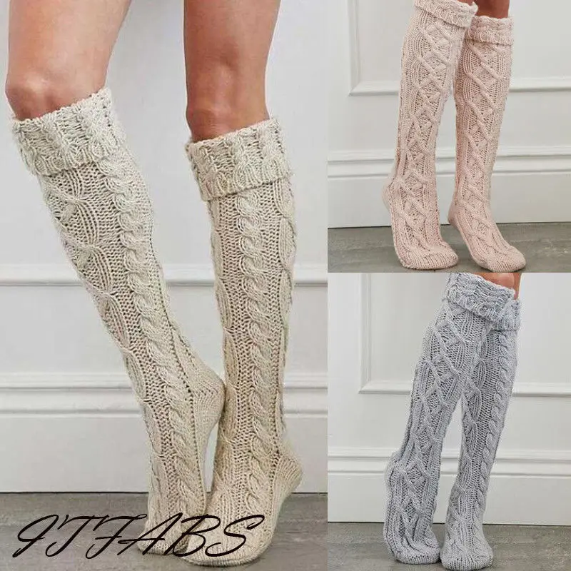 

Women Girls Stockings Cable Knit Extra Long Boot Stretch Over Knee Socks Thigh High Warm Stocking Solid Long Socks