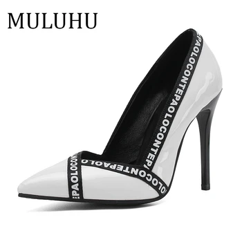 

MULUHU High Heel Shoes Woman Leather Trend Letter Shallow Stilettos New Lady Slip On Office Dress Shoe Wedding Party Pumps