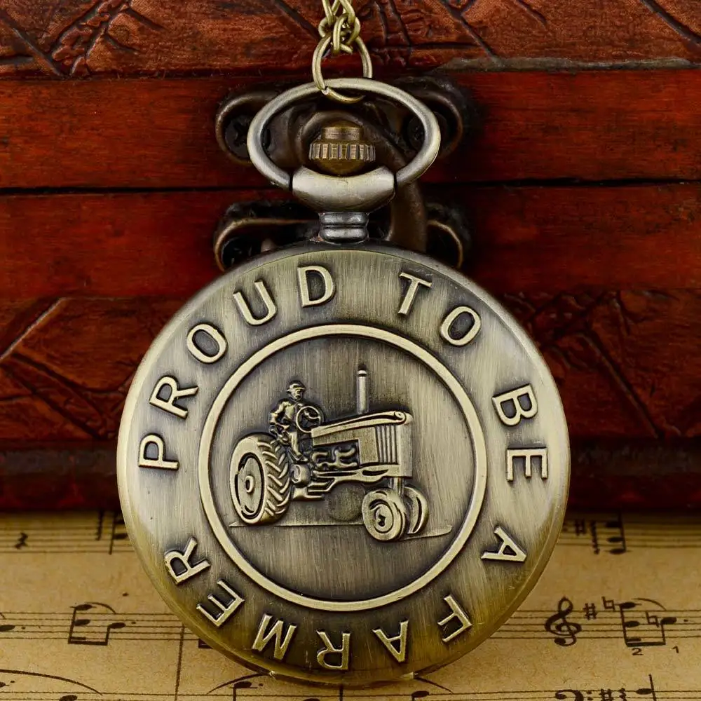 

Vintage Bronze Proud To Be A Faemer Quartz Pocket Watch with Chain Retro Men Women Pendant Necklace Clock Gift