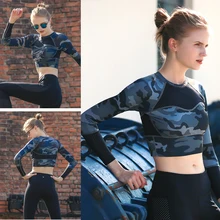 Женская дышащая полиэстер Спортивный тренировочный костюм камуфляж с длинным рукавом укороченный топ сетки бег эластичный High Impact Йога рубашк