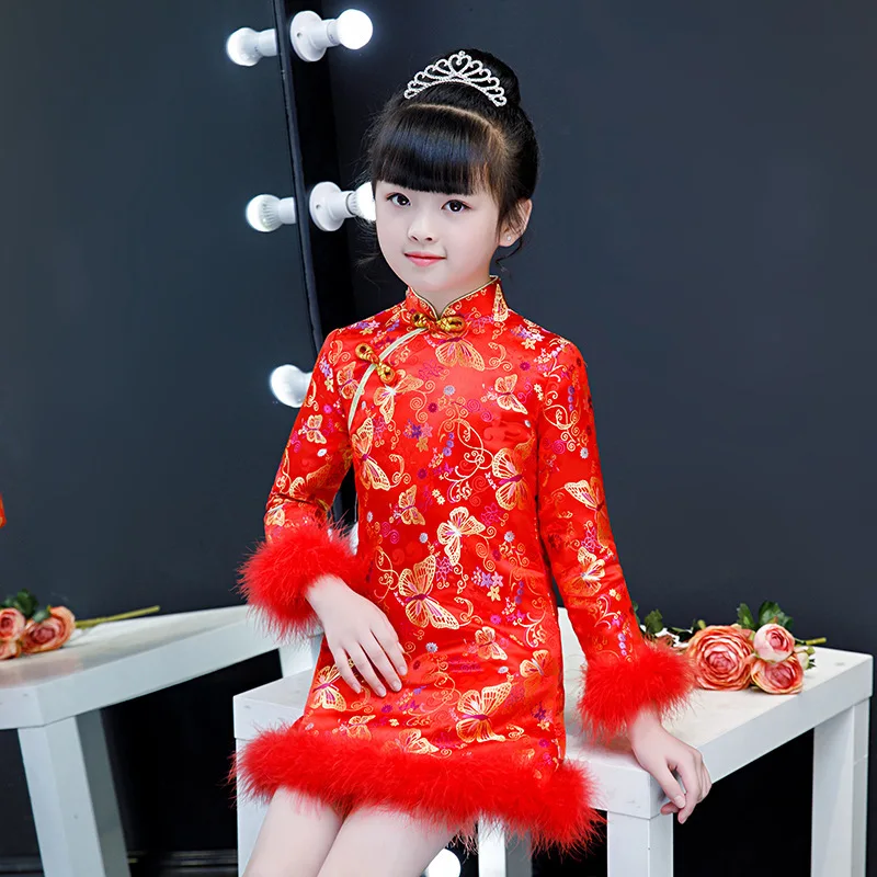 

Girl Traditional Chinese New Year Dress Baby Long Sleeve Qipao Satin Cotton Cheongsam Kids Thickening Tang Costume Qi Pao