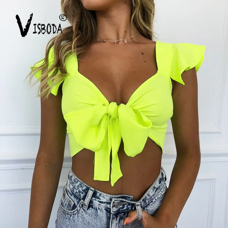 

Women Sexy V Neck Bralette Neon Green Cropped Top Summer Lace Up Ruffles Sleeve Shirt Female Strappy Bustier Tie Short Top Camis