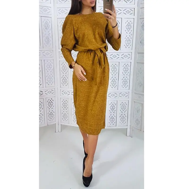 

Women Sexy Backless Button Dress Ladies O Neck Sashes Dresses Autumn Winter New Solid Casual Long Sleeve Dress SJ1861X