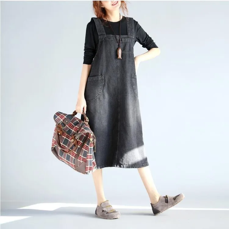 

#2464 Spring Summer Denim Dresses Women Overalls Plus Size 4XL Loose Black/Blue Pockets Vintage Jeans Dress Spaghetti Strap