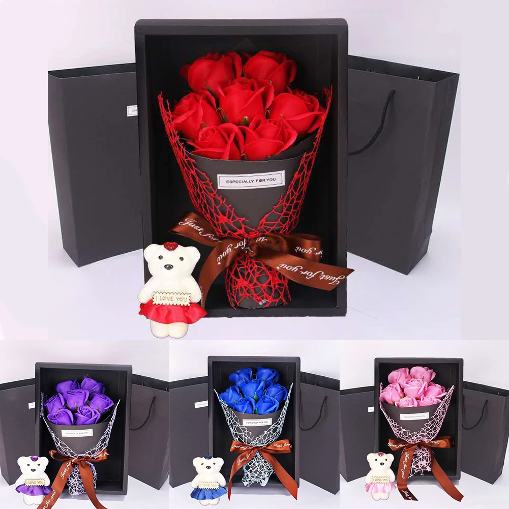

Wedding Birthday Party Bouquet Valentine's Day 7 Rose Bear Novelty Soap Flower Love Romantic Gift Box Home Decor Simulation