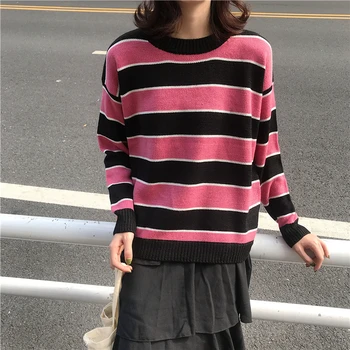 

2018 Autumn Woman Casual Long Sleeve Striped Pullovers Yellow Pink Fashion Female Knitted Sweaters Loose Winter Sueter Mujer