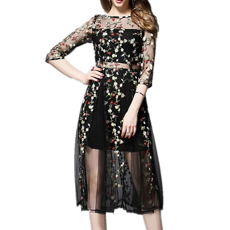 

2019 Spring Summer Women Embroidery Party Dresses Floral Bohemian Fake 2 Pieces Vintage Boho Mesh Dresses Female Elegant Vestido