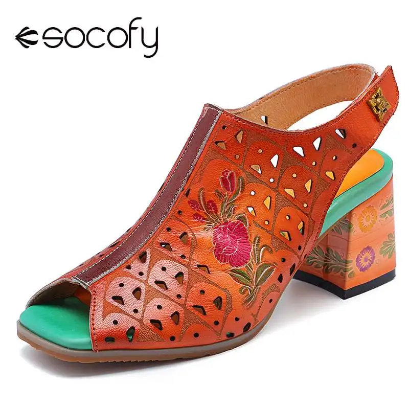 SOCOFY Retro Flowers Pattern Genuine Leather Hollow Soft SOCOFY Retro Bohemian Women Pumps Flowers Pattern Hollow