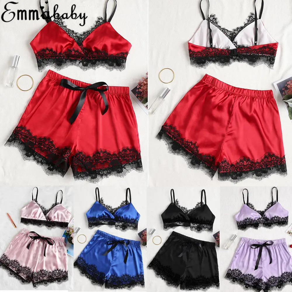 2018 Women Clothes For Summer Shorts Sets Sleepwear Satin Pajama Bra