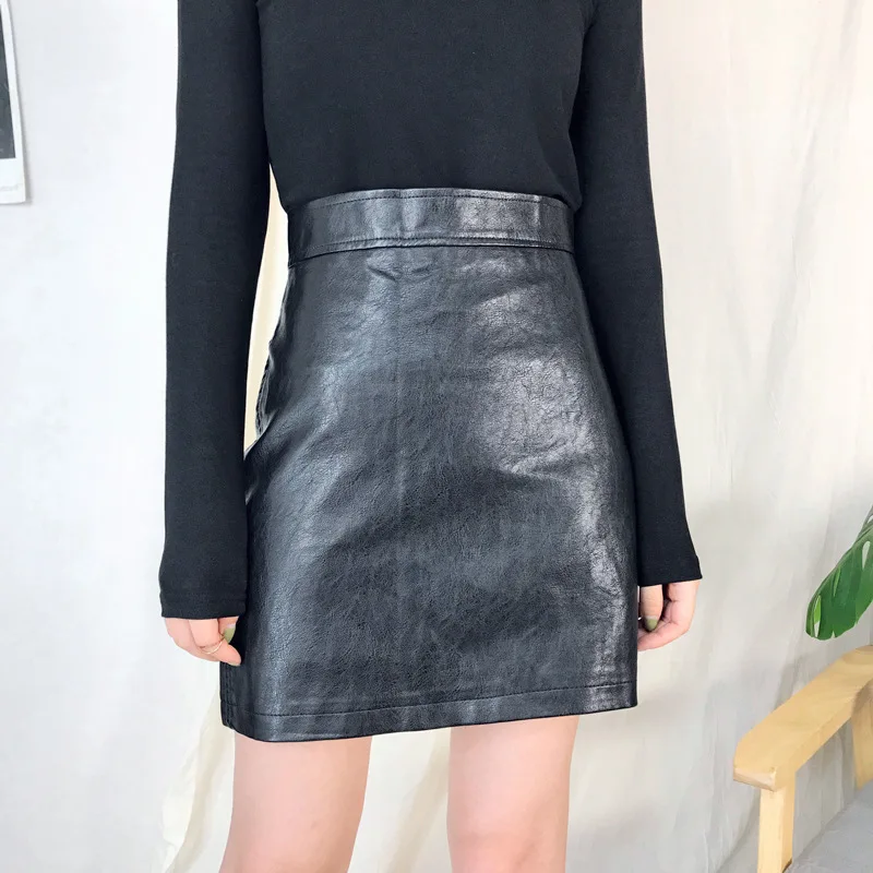 Classic High Waist PU Skirt Women A Line Mini Faux Leather Skirts All Match