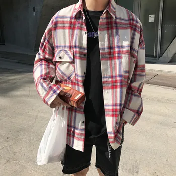 

Spring New Plaid Shirt Men Fashion Retro Casual Shirt Man Streetwear Trend Wild Loose Long-sleeved Shirt Male Clothes S-XL
